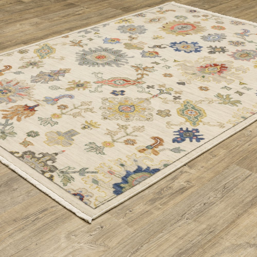 3' X 5' Ivory Beige And Blue Oriental Area Rug With Fringe
