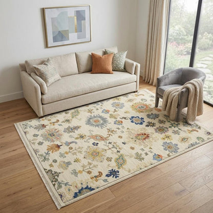 5' X 8' Ivory Beige And Blue Oriental Area Rug With Fringe