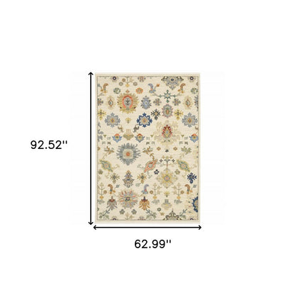 5' X 8' Ivory Beige And Blue Oriental Area Rug With Fringe