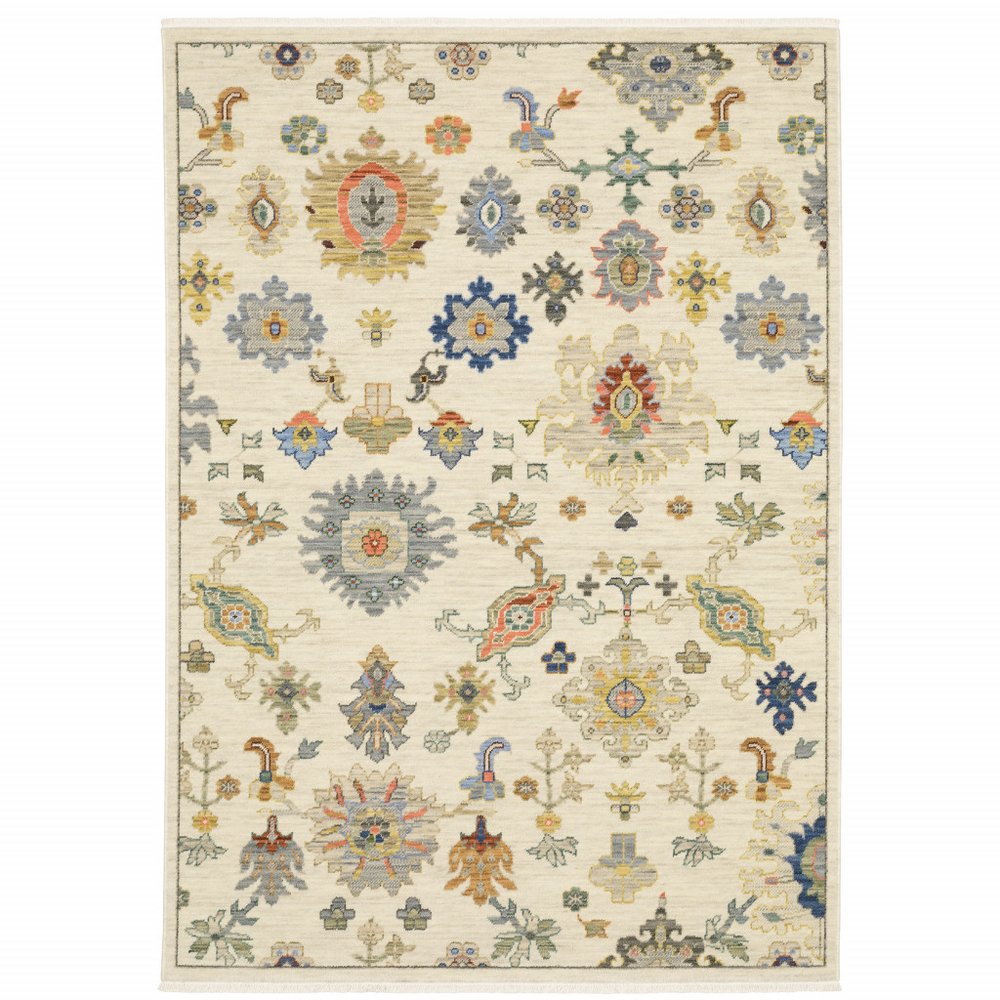 5' X 8' Ivory Beige And Blue Oriental Area Rug With Fringe