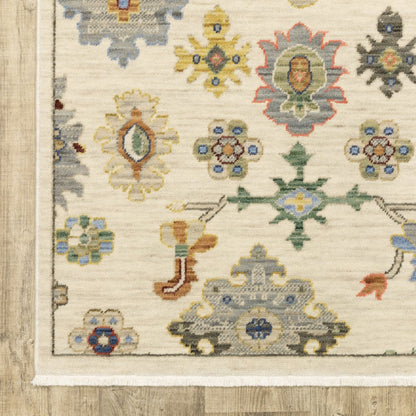 5' X 8' Ivory Beige And Blue Oriental Area Rug With Fringe