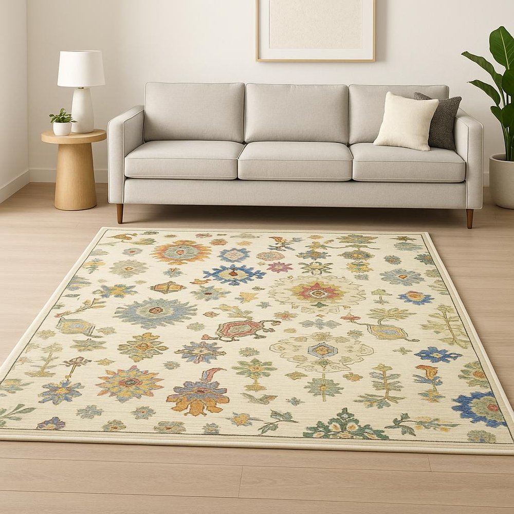 10' X 13' Ivory Beige Gold Grey Blue Pink Red Rust And Green Oriental Power Loom Stain Resistant Area Rug With Fringe