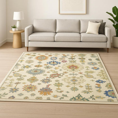 10' X 13' Ivory Beige Gold Grey Blue Pink Red Rust And Green Oriental Power Loom Stain Resistant Area Rug With Fringe