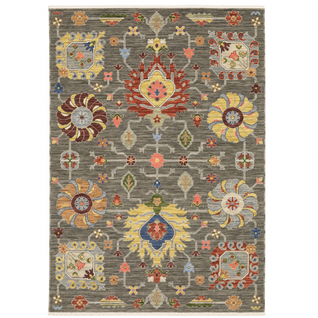 2' X 6' Grey Charcoal Yellow Blue Rust Red Pink Green And Ivory Oriental Power Loom Stain Resistant Runner Rug With Fringe
