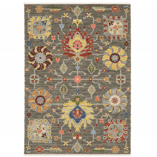 3' X 5' Grey Charcoal Yellow Blue Rust Red Pink Green And Ivory Oriental Power Loom Stain Resistant Area Rug With Fringe