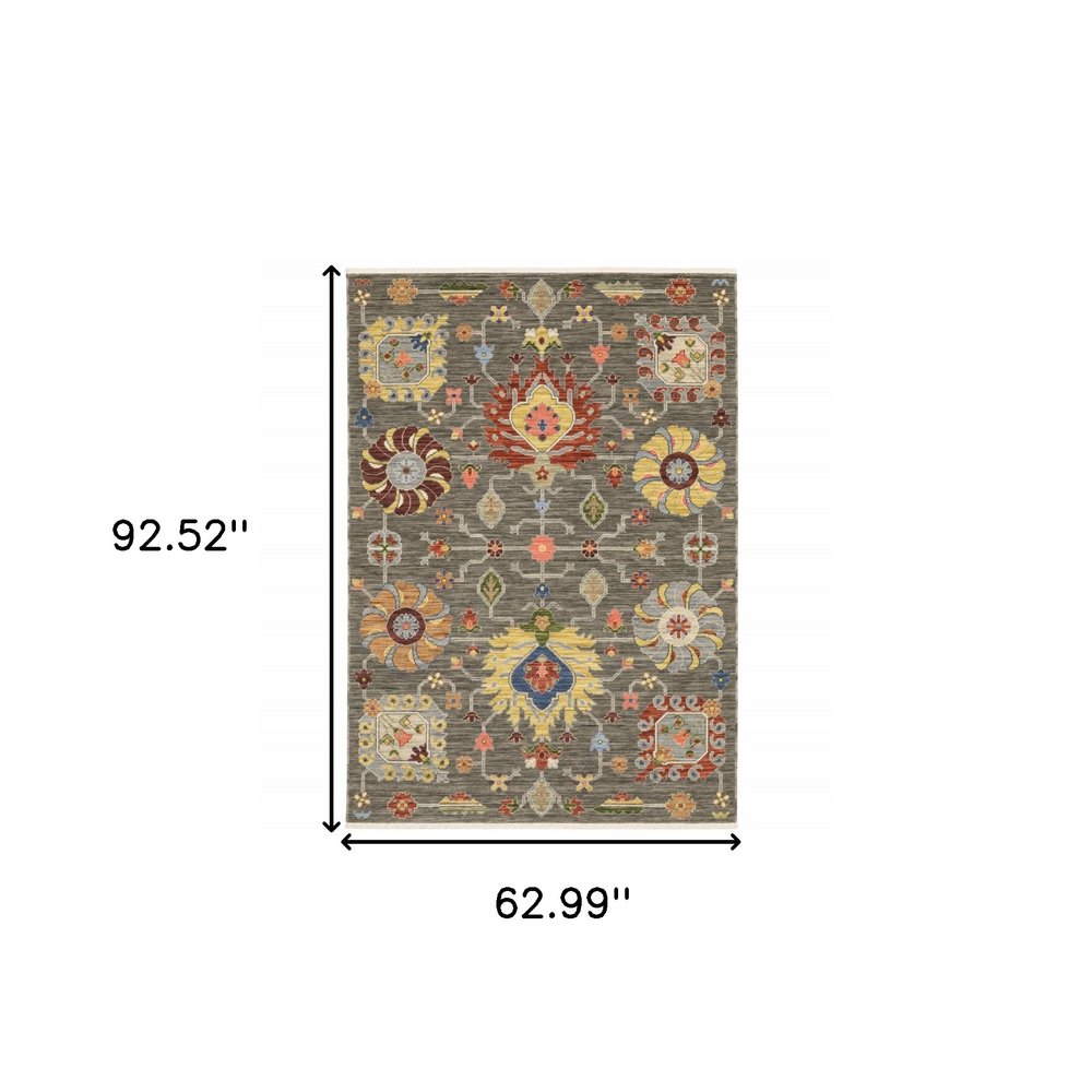 5' X 8' Gray Ivory And Red Oriental Area Rug With Fringe