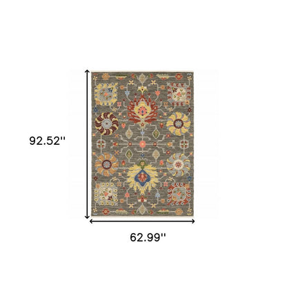 5' X 8' Gray Ivory And Red Oriental Area Rug With Fringe