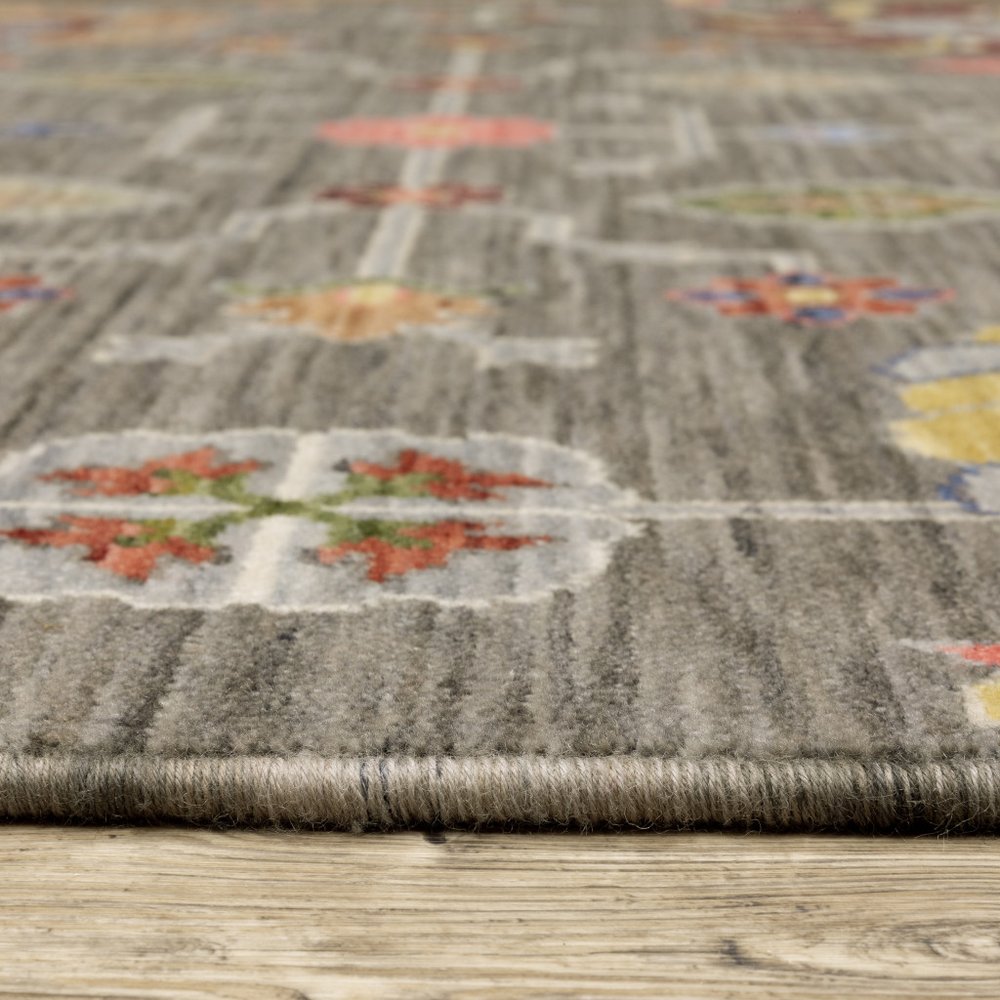 5' X 8' Gray Ivory And Red Oriental Area Rug With Fringe