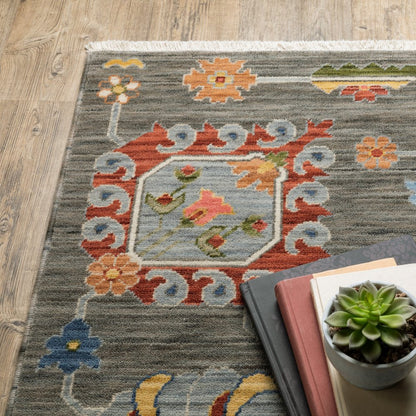 5' X 8' Gray Ivory And Red Oriental Area Rug With Fringe