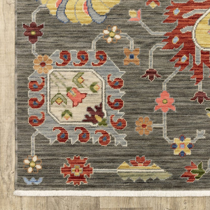 5' X 8' Gray Ivory And Red Oriental Area Rug With Fringe