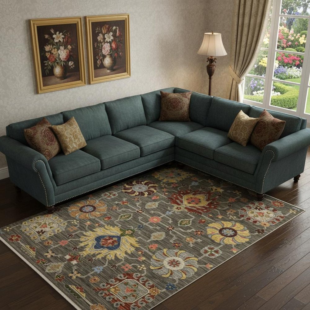 8' x 11' Oriental power-loom area rug, stain resistant, with fringe in multicolor shades including grey, charcoal, yellow, blue, rust, red, pink, green and ivory.