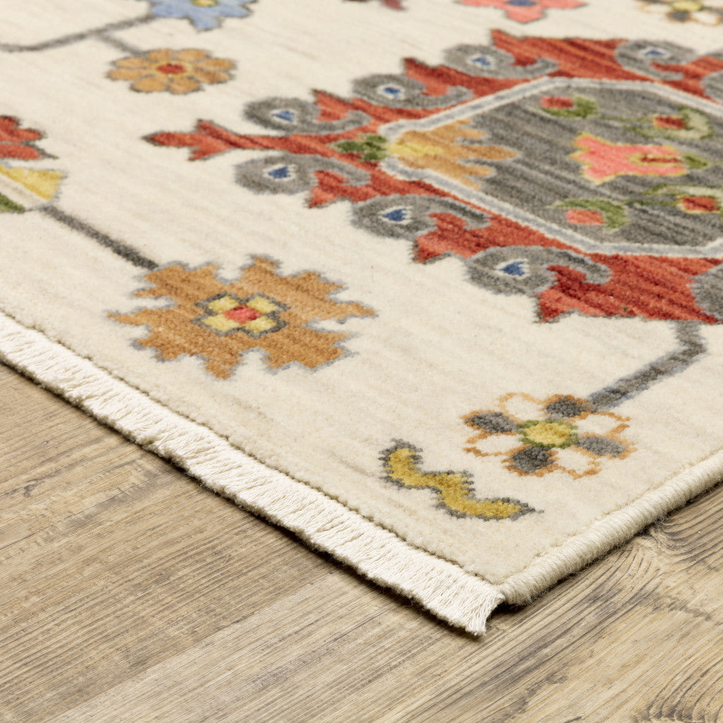 2' X 6' Ivory Yellow Rust Green Grey Pink Orange Blue And Grey Oriental Power Loom Stain Resistant Runner Rug With Fringe