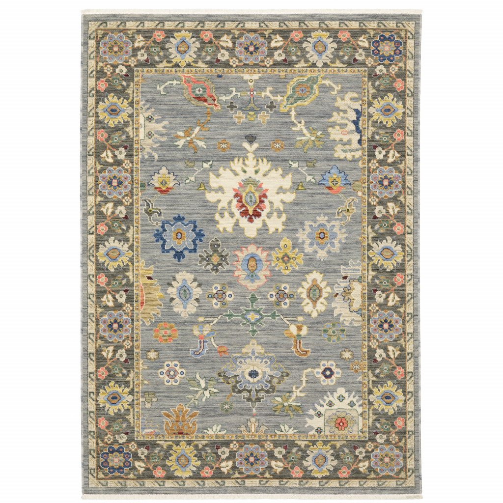 2' X 3' Blue Grey Gold Green Pink Orange Ivory And Red Oriental Power Loom Stain Resistant Area Rug With Fringe