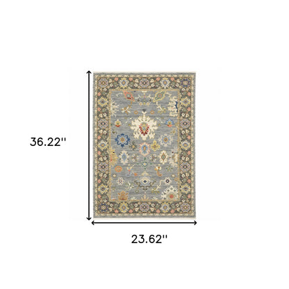 2' X 3' Blue Grey Gold Green Pink Orange Ivory And Red Oriental Power Loom Stain Resistant Area Rug With Fringe