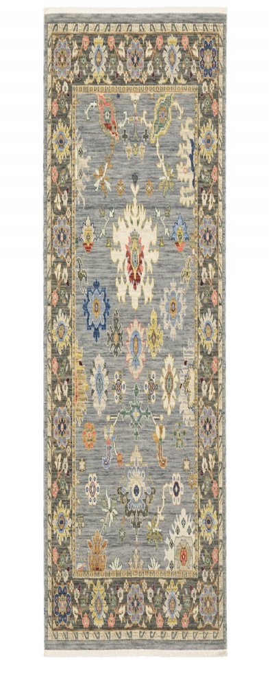 6' Blue Ivory And Red Oriental Runner Rug With Fringe