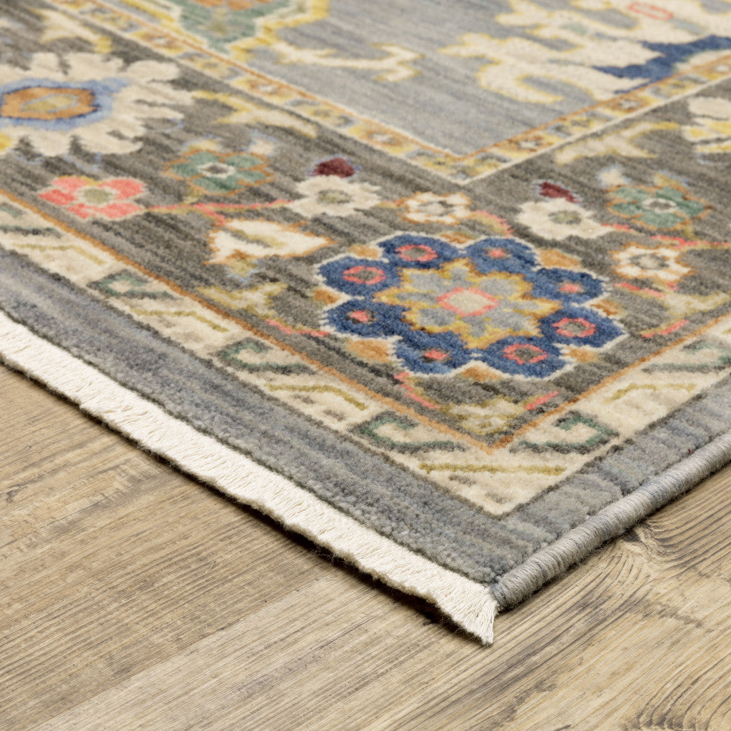 2' X 6' Blue Grey Gold Green Pink Orange Ivory And Red Oriental Power Loom Stain Resistant Runner Rug With Fringe