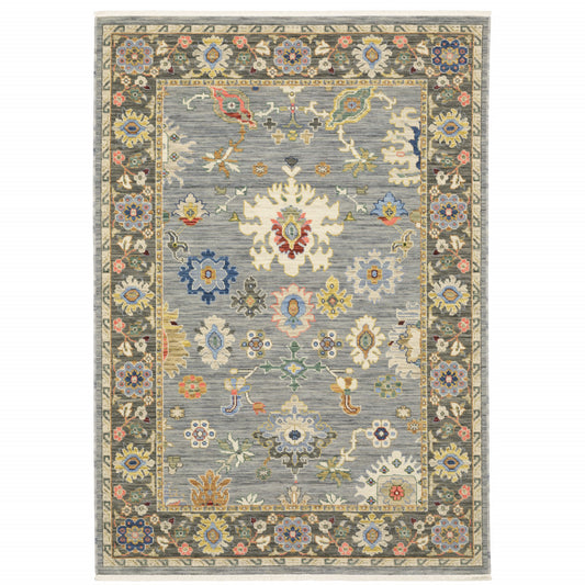 3' X 5' Blue Grey Gold Green Pink Orange Ivory And Red Oriental Power Loom Stain Resistant Area Rug With Fringe