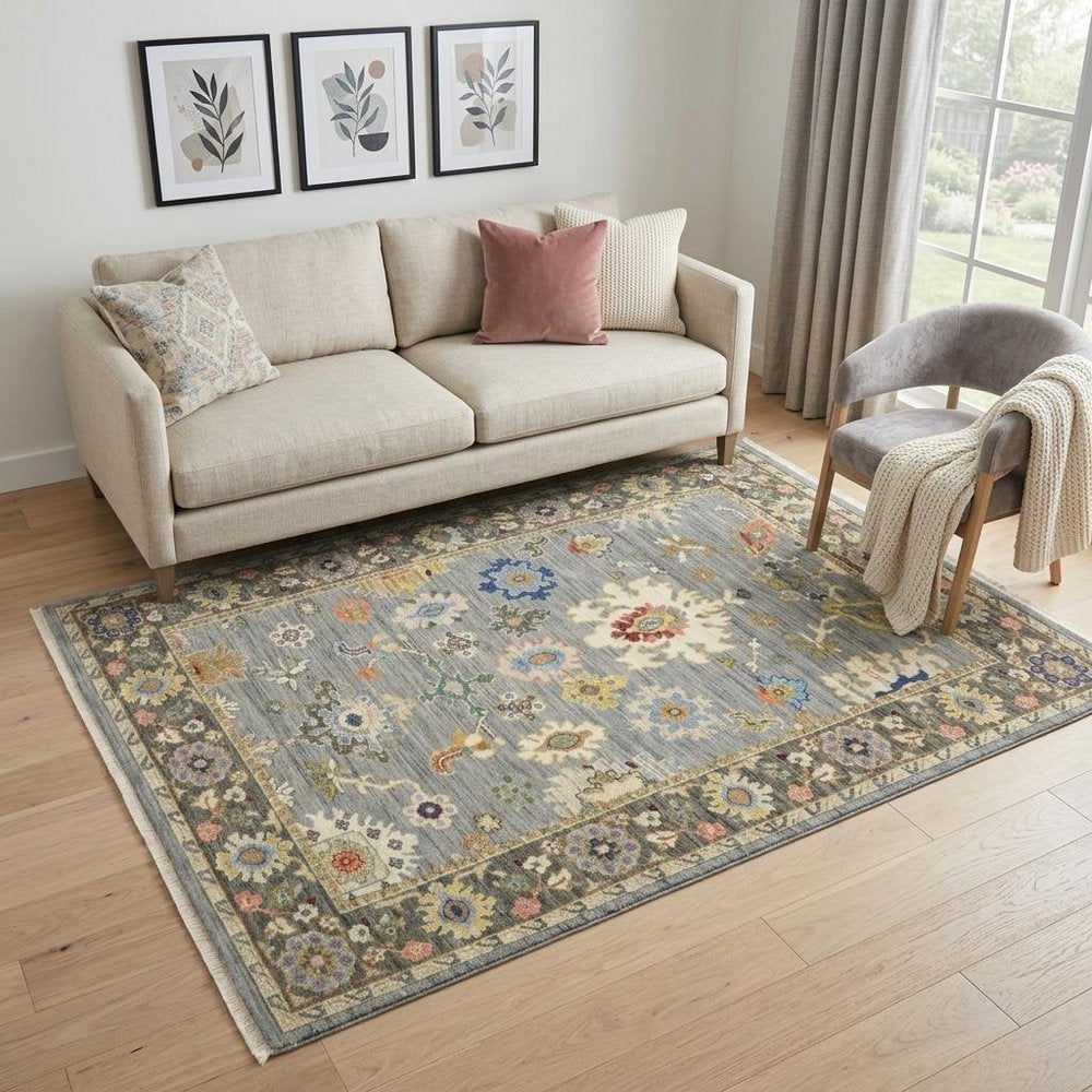 5' X 8' Blue Ivory And Red Oriental Area Rug With Fringe