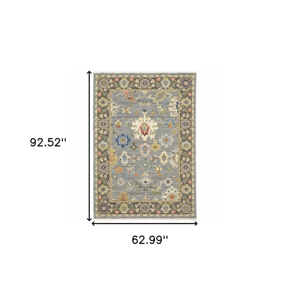 5' X 8' Blue Ivory And Red Oriental Area Rug With Fringe