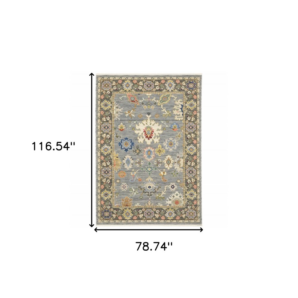 6' X 9' Blue Grey Gold Green Pink Orange Ivory And Red Oriental Power Loom Stain Resistant Area Rug With Fringe