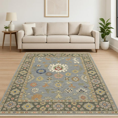 6' X 9' Blue Grey Gold Green Pink Orange Ivory And Red Oriental Power Loom Stain Resistant Area Rug With Fringe