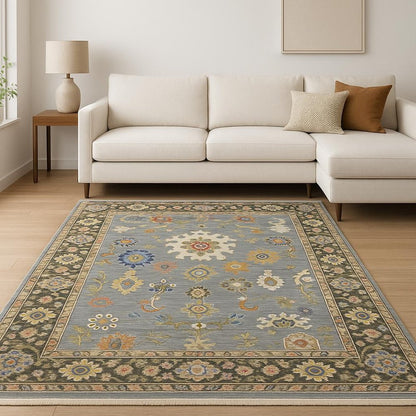 10' X 13' Blue Grey Gold Green Pink Orange Ivory And Red Oriental Power Loom Stain Resistant Area Rug With Fringe