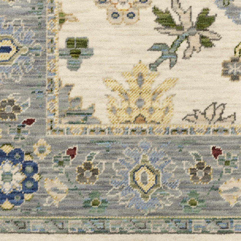 6' Ivory And Blue Oriental Runner Rug With Fringe