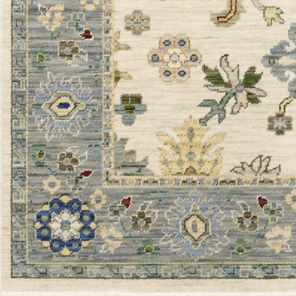 6' Ivory And Blue Oriental Runner Rug With Fringe