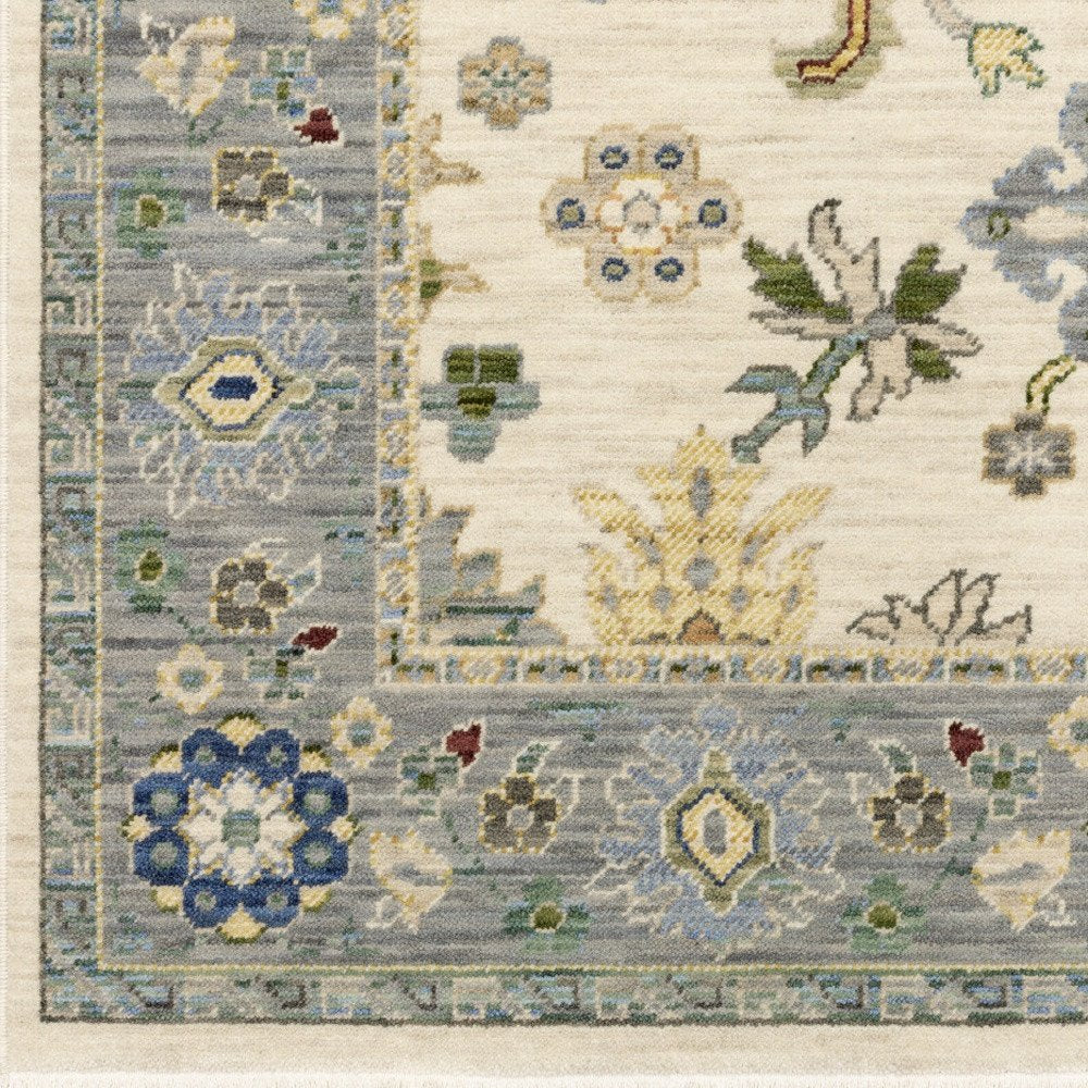 6' Ivory And Blue Oriental Runner Rug With Fringe