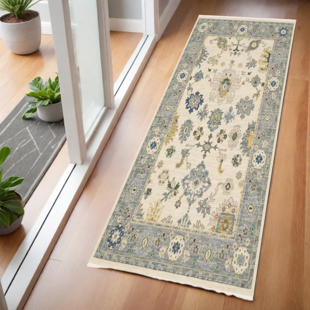 6' Ivory And Blue Oriental Runner Rug With Fringe