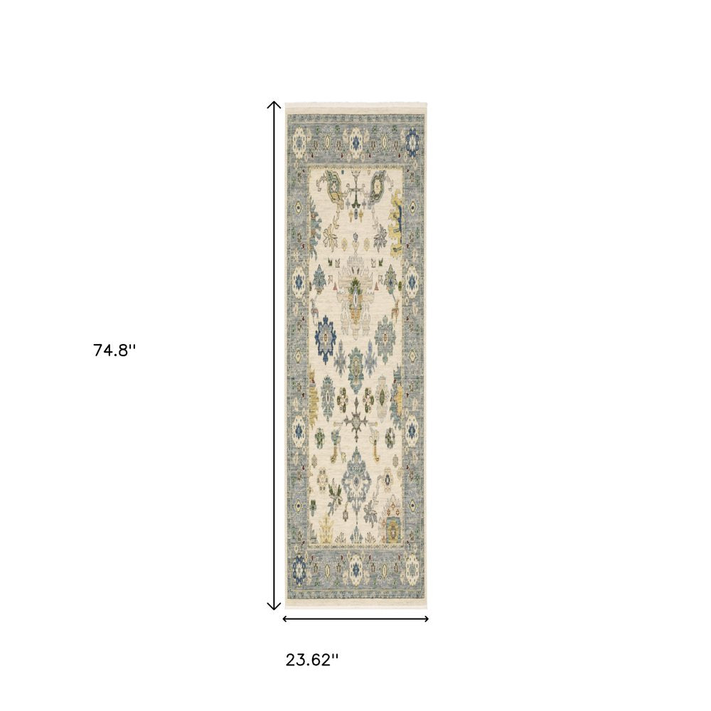 6' Ivory And Blue Oriental Runner Rug With Fringe