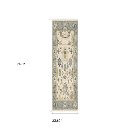 6' Ivory And Blue Oriental Runner Rug With Fringe