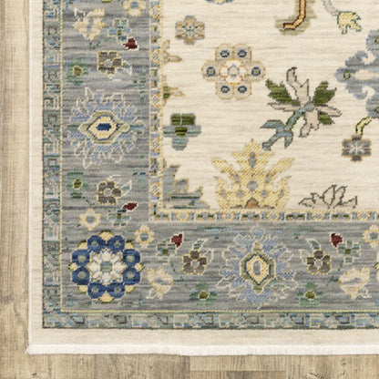 6' Ivory And Blue Oriental Runner Rug With Fringe
