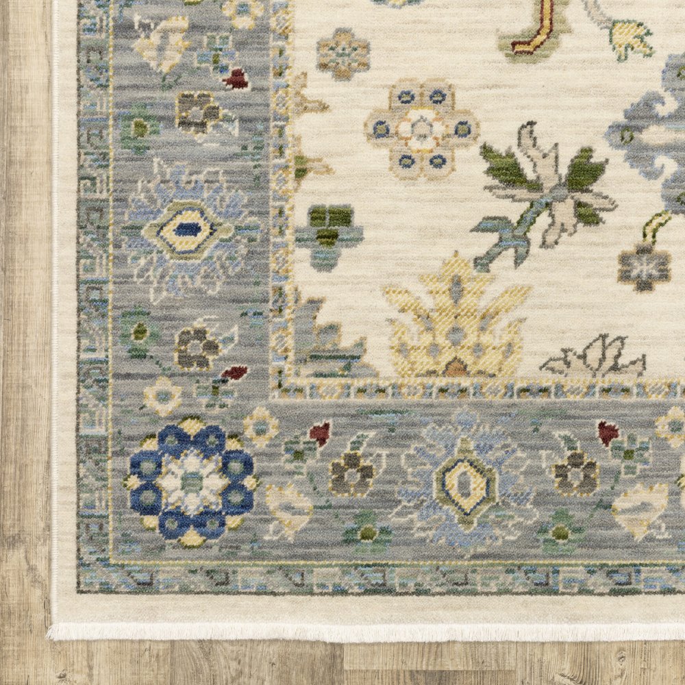 6' Ivory And Blue Oriental Runner Rug With Fringe