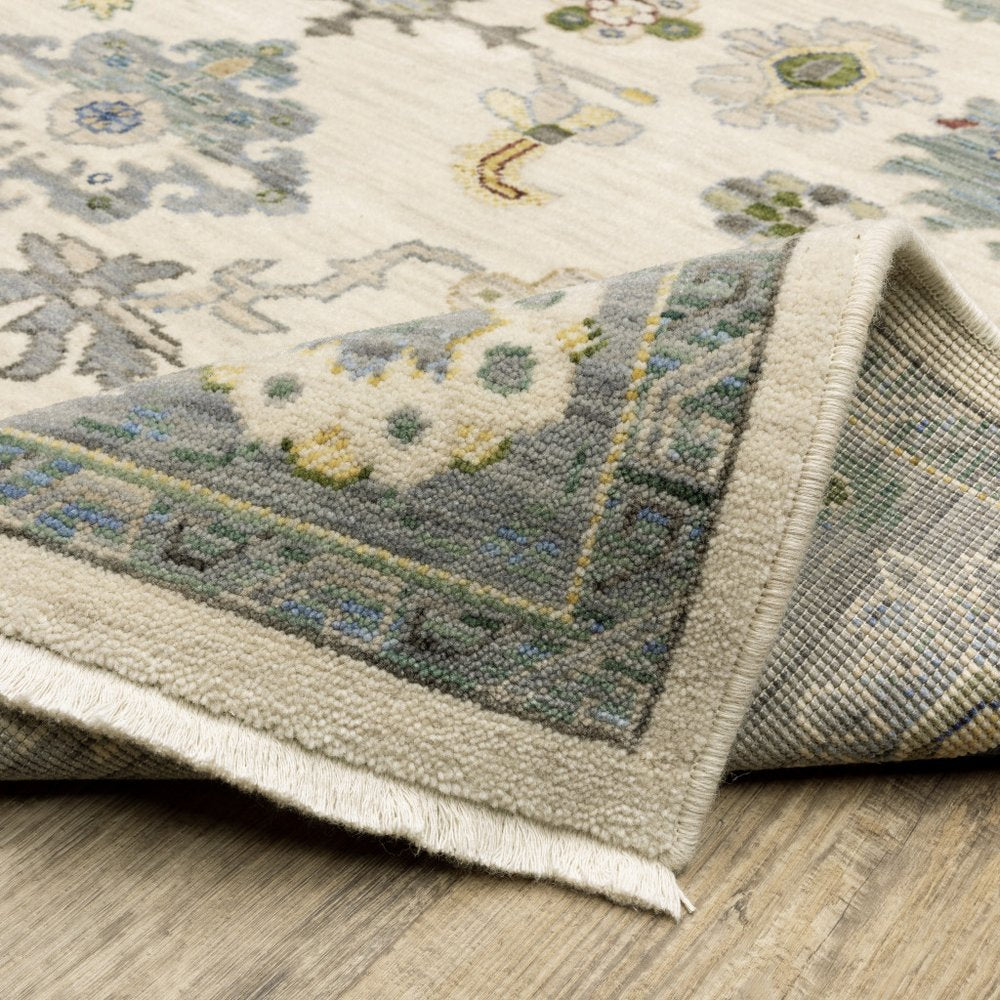 6' Ivory And Blue Oriental Runner Rug With Fringe