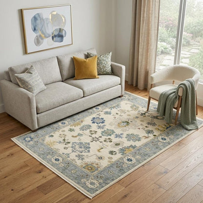 5' X 8' Ivory And Blue Oriental Area Rug With Fringe