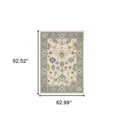 5' X 8' Ivory And Blue Oriental Area Rug With Fringe