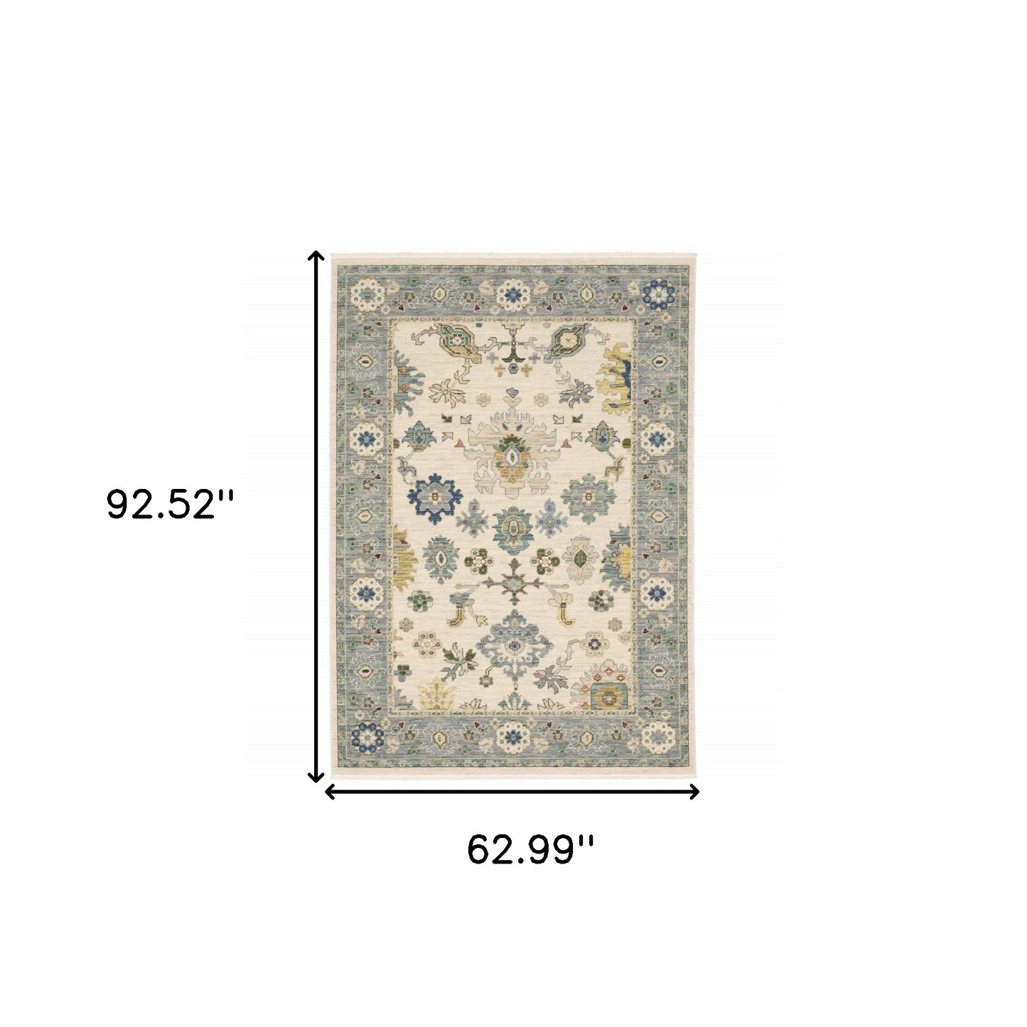 5' X 8' Ivory Blue Grey Teal Gold Green And Rust Oriental Power Loom Stain Resistant Area Rug With Fringe