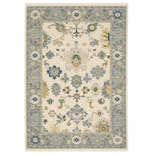 5' X 8' Ivory And Blue Oriental Area Rug With Fringe
