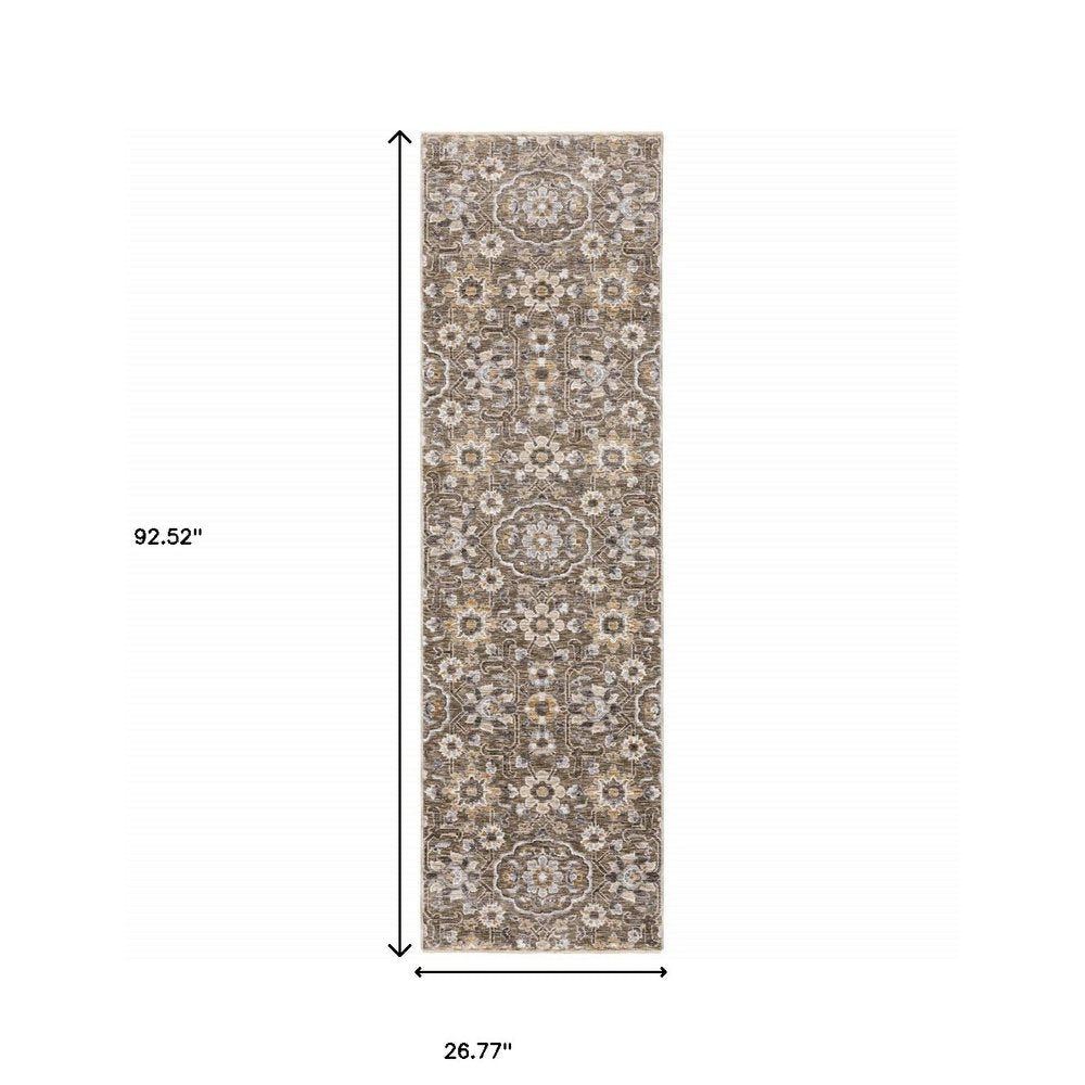 2' X 8' Grey And Tan Floral Power Loom Stain Resistant Runner Rug With Fringe