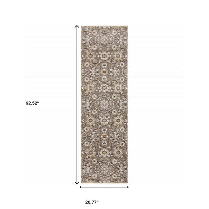 2' X 8' Grey And Tan Floral Power Loom Stain Resistant Runner Rug With Fringe