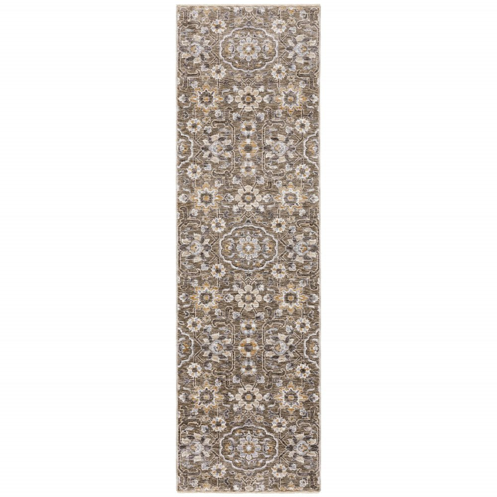 2' X 8' Grey And Tan Floral Power Loom Stain Resistant Runner Rug With Fringe