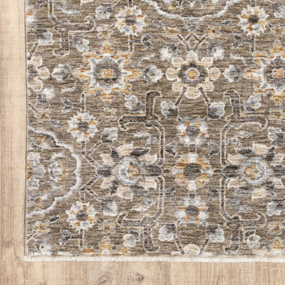 2' X 8' Grey And Tan Floral Power Loom Stain Resistant Runner Rug With Fringe