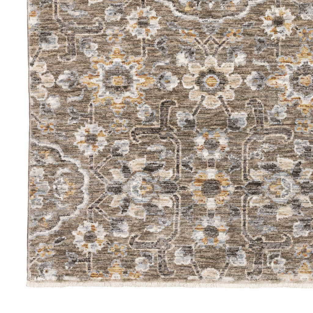 2' X 8' Grey And Tan Floral Power Loom Stain Resistant Runner Rug With Fringe