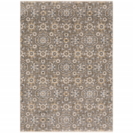 2' X 3' Grey And Tan Floral Power Loom Stain Resistant Area Rug With Fringe