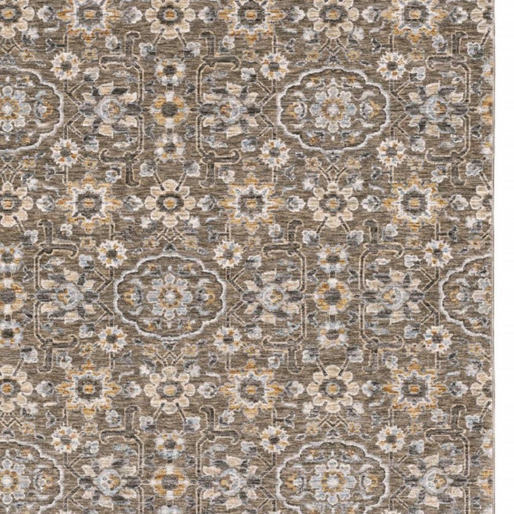 2' X 3' Grey And Tan Floral Power Loom Stain Resistant Area Rug With Fringe