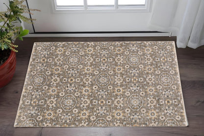 3' X 5' Grey And Tan Floral Power Loom Stain Resistant Area Rug With Fringe