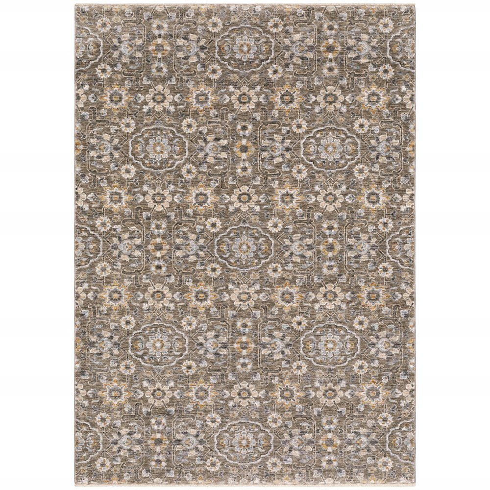 3' X 5' Grey And Tan Floral Power Loom Stain Resistant Area Rug With Fringe