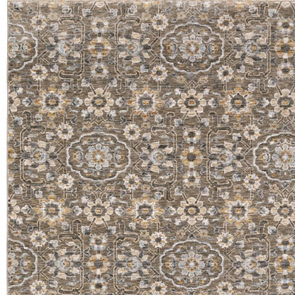 5' X 8' Grey And Tan Floral Power Loom Stain Resistant Area Rug With Fringe