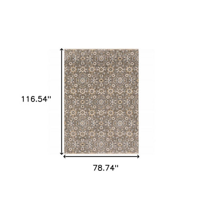 7' X 10' Gray And Gold Floral Area Rug With Fringe